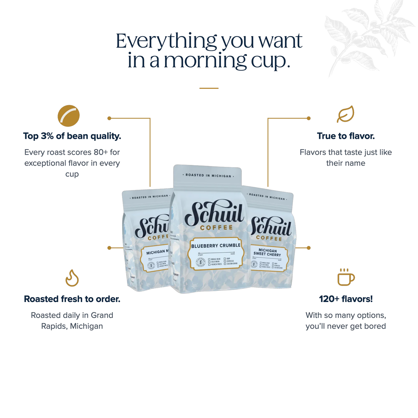 Everything you want in a morning cup — Schuil Coffee benefits: top 3% bean quality, roasted fresh to order in Michigan, true-to-flavor never artificial, 120+ flavors