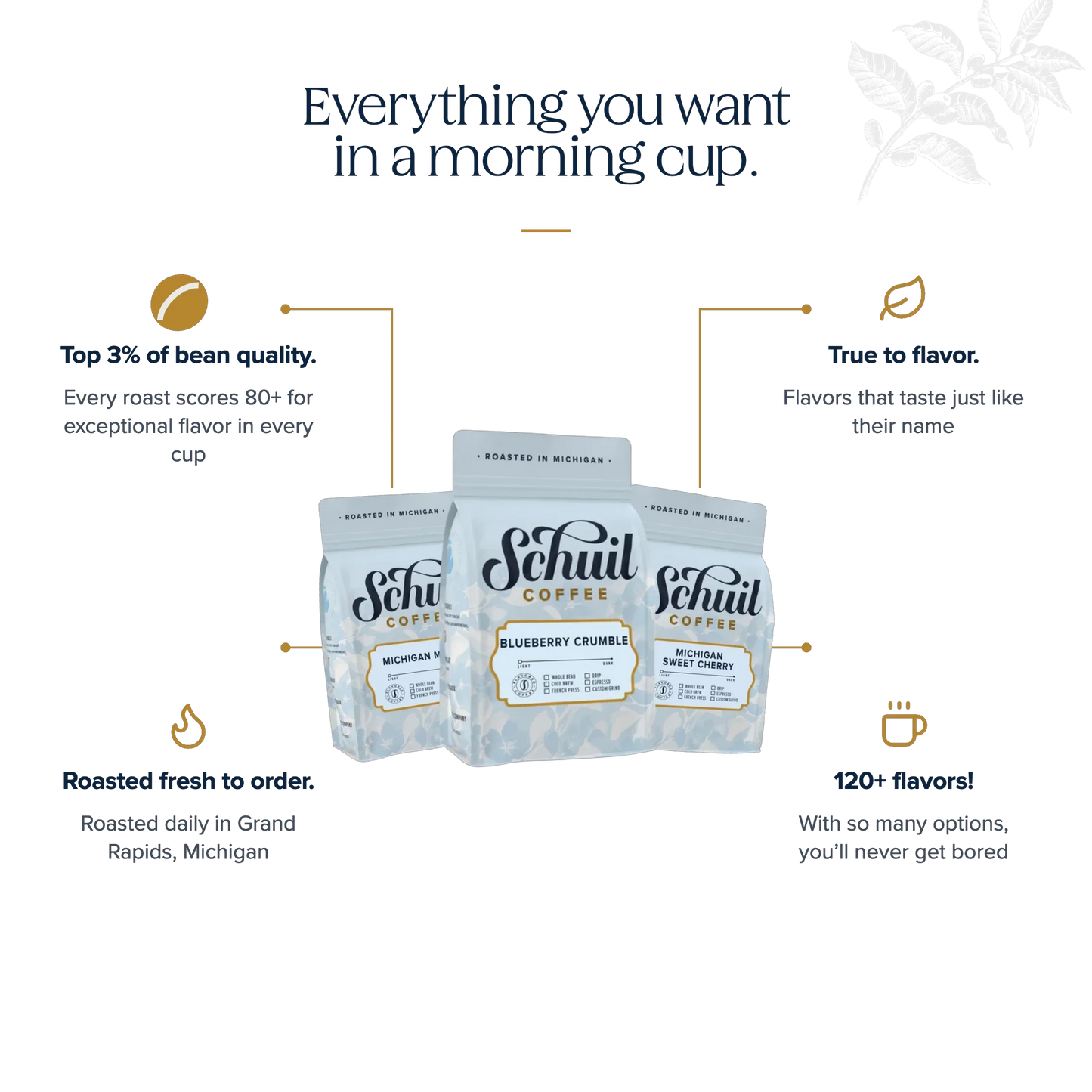 Everything you want in a morning cup — Schuil Coffee benefits: top 3% bean quality, roasted fresh to order in Michigan, true-to-flavor never artificial, 120+ flavors
