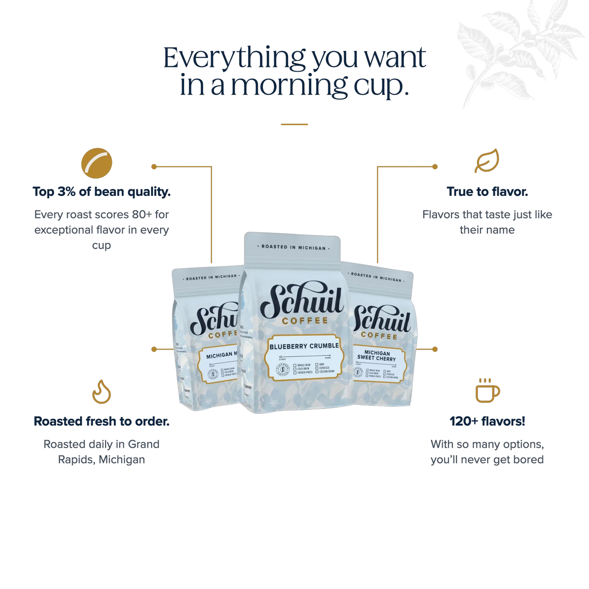 Everything you want in a morning cup — Schuil Coffee benefits: top 3% bean quality, roasted fresh to order in Michigan, true-to-flavor never artificial, 120+ flavors