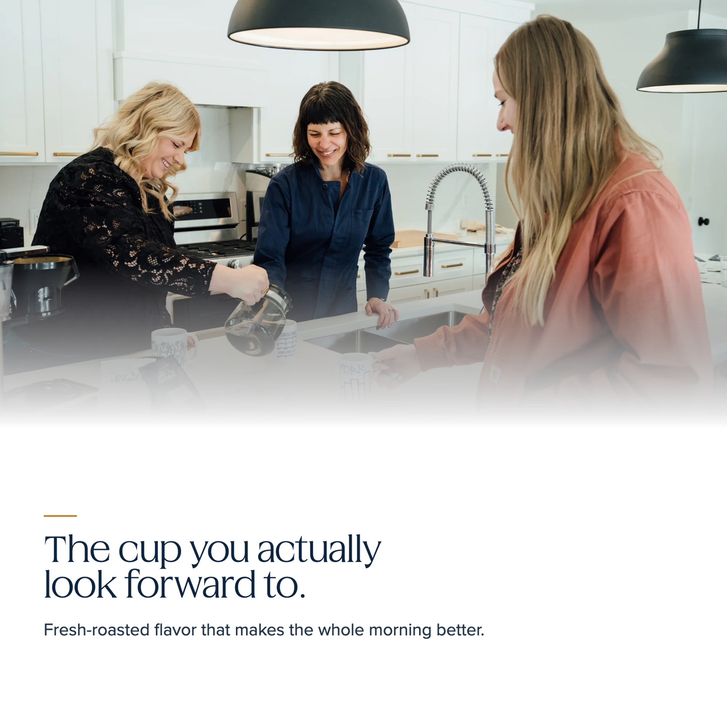 The cup you actually look forward to — friends pouring fresh-roasted Schuil Coffee in a bright kitchen