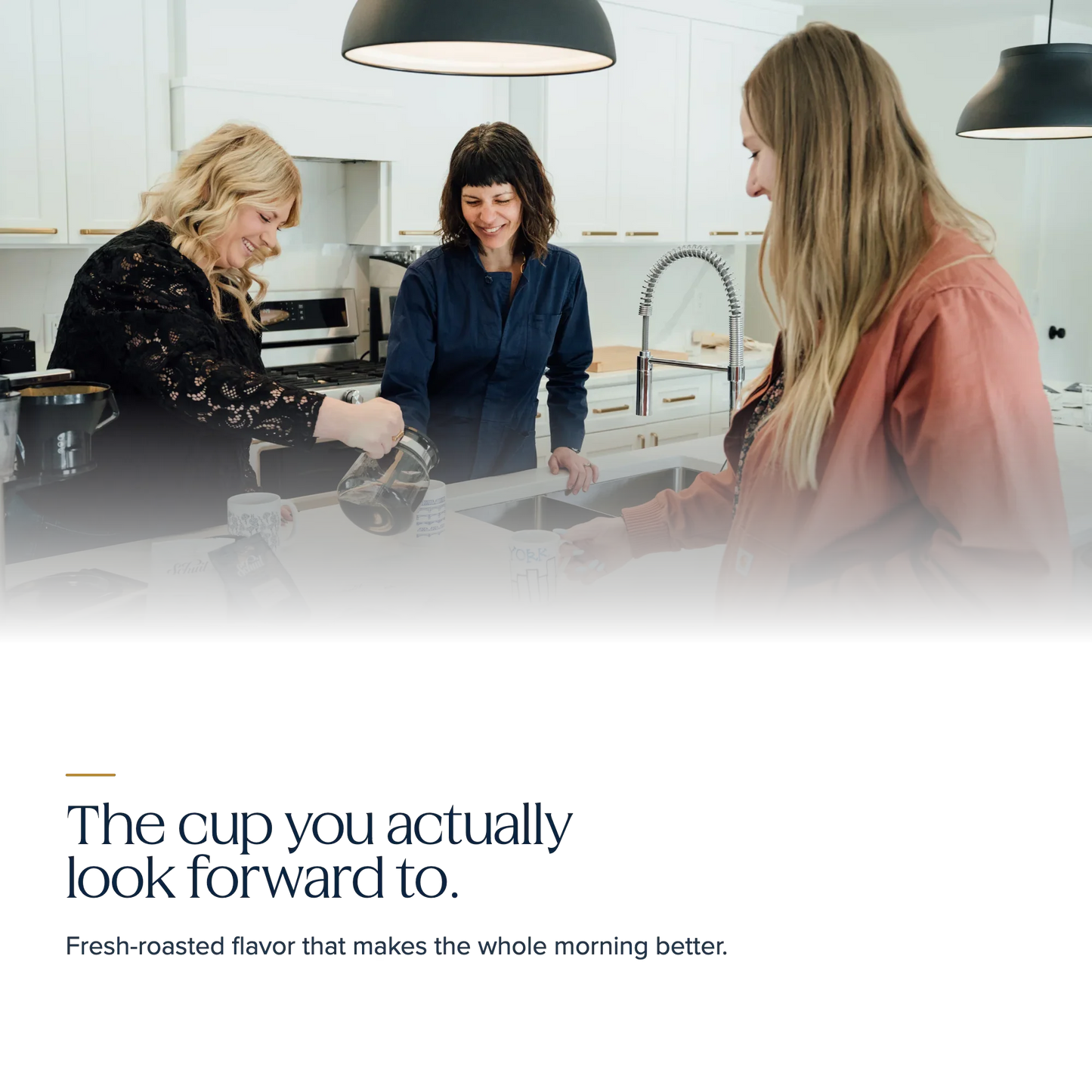 The cup you actually look forward to — friends pouring fresh-roasted Schuil Coffee in a bright kitchen